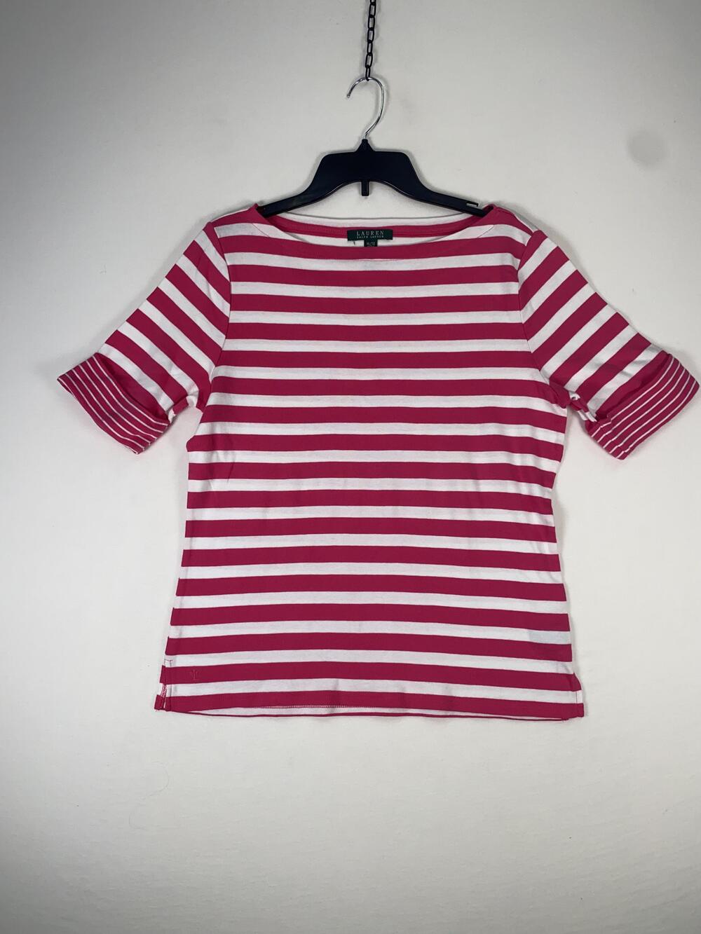 Lauren Ralph Lauren T-shirt Womens XL Pink Stripe Short Sleeve Boat Neck Top